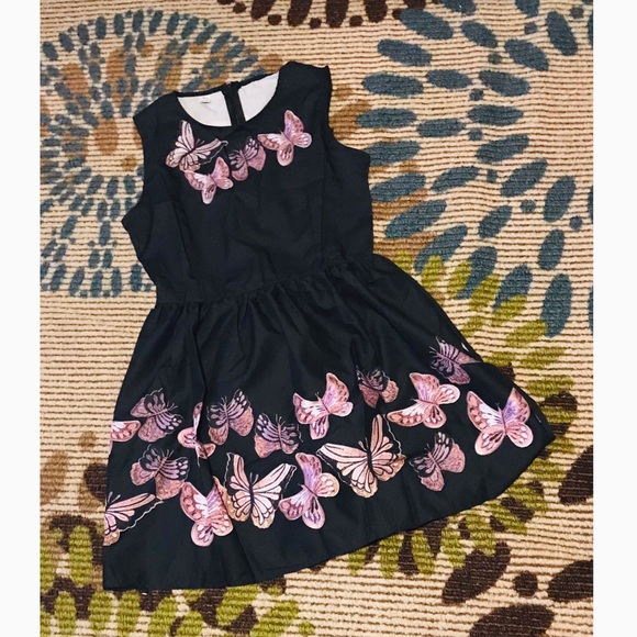 black dress with pink butterflies Bebe Black Pink White Butterfly Peplum Mini Pencil Sheath Dress V-Neck Beaded XS